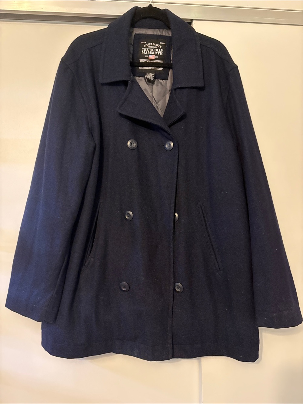 Men’s XL The Wooly Mammoth Navy Blue Wool Blend Button Front Pea Coat